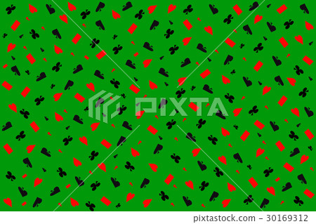 Set of card suits on green as casino background. 30169312