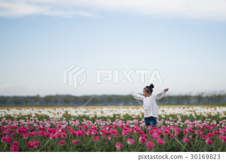 A girl playing in a tulip field 30169823