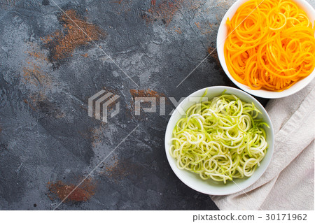 Spiralized butternut squash, courgette on table 30171962