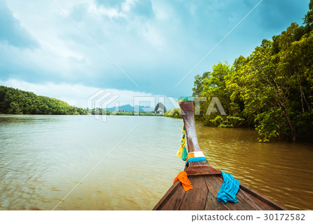 Wooden longtail boat Pak Nam Krabi river Thailand Wooden longtail boat Pak Nam Krabi river Thailand 30172582