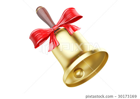 Gold school bell with red bow, 3D rendering Gold school bell with red bow, 3D rendering 30173169