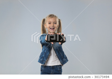 Little Teenage Girl Show Cell Smart Phone Screen Little Teenage Girl Show Cell Smart Phone Screen 30173494