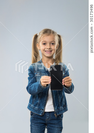 Little Teenage Girl Show Cell Smart Phone Screen Little Teenage Girl Show Cell Smart Phone Screen 30173496