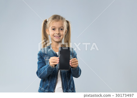 Little Teenage Girl Show Cell Smart Phone Screen Little Teenage Girl Show Cell Smart Phone Screen 30173497