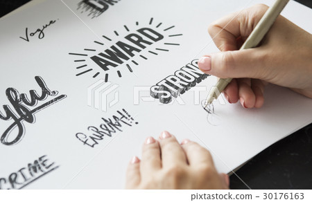 Woman Drawing Illustartion Pad Paper Palette Font Design Words Woman Drawing Illustartion Pad Paper Palette Font Design Words 30176163