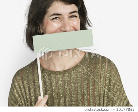 Caucasian Woman Holding Flag Covering Mouth 30177882