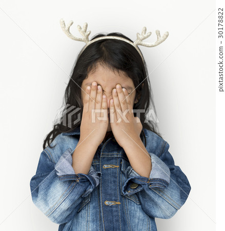 Little Girl Cover Eyes Wearing Reindeer Hairband 30178822