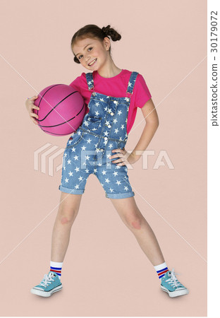 Little Girl Holding Basketball Sporty Smiling 30179072