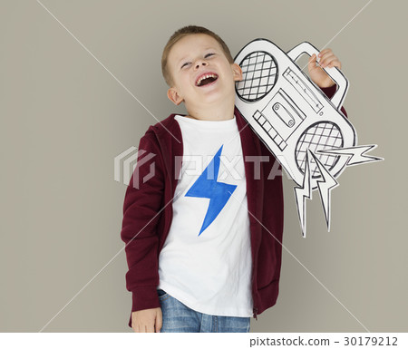 Caucasian Little Boy Holding Jukebox Caucasian Little Boy Holding Jukebox 30179212