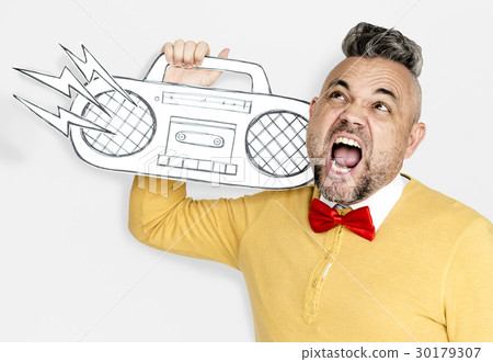 Caucasian Man Holding Paper Crafted Jukebox Caucasian Man Holding Paper Crafted Jukebox 30179307