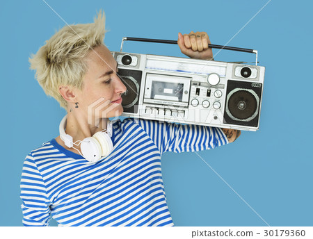 Caucasian Blonde Woman Headphones Jukebox Caucasian Blonde Woman Headphones Jukebox 30179360