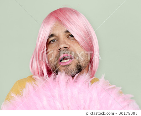 A Man With Pink Wig and Pink Lipstick Staring 30179393