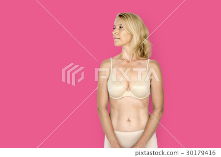 Senior Adult Woman Smiling Happiness Lingerie Studio Portrait Senior Adult Woman Smiling Happiness Lingerie Studio Portrait 30179416