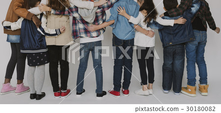 Group of School Friends Hugging with Rear View on White Background Group of School Friends Hugging with Rear View on White Background 30180082