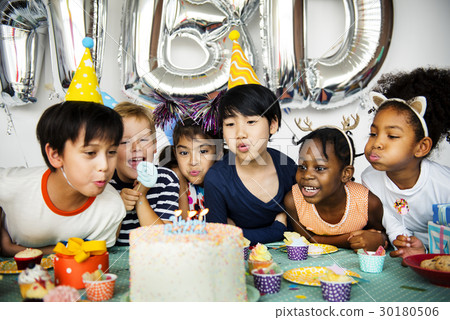 Group of kids celebrate birthday party together Group of kids celebrate birthday party together 30180506