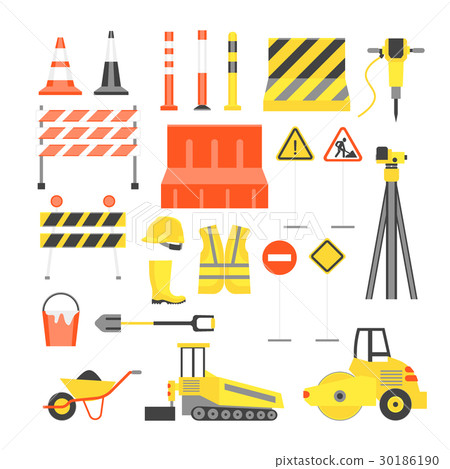 Cartoon Road Construction Color Icons Set. Vector 30186190
