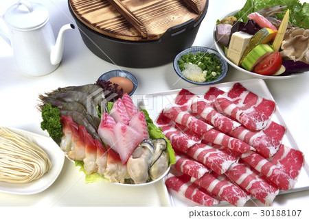 Hot pot, vegetables, seafood, shrimp, eggs 30188107