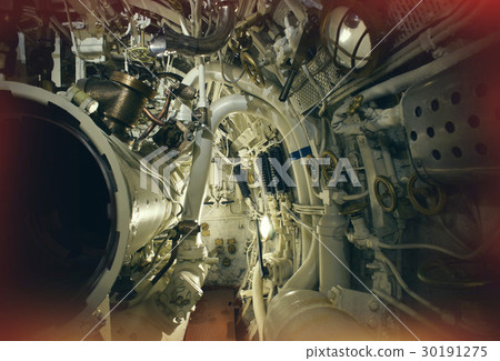 Detailed view of valves and pipes in old submarine 30191275