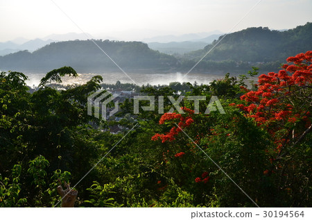 World heritage of Laos Luang Prabang at dusk View from Pusy hill Beautiful mountains and the Mekong River 30194564
