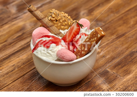 Sundae ice cream cocktail with wafer and candy Sundae ice cream cocktail with wafer and candy 30200600