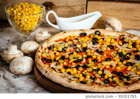 Pizza with chickpea, corn, olives and mushrooms Pizza with chickpea, corn, olives and mushrooms 30201765