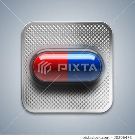 Red and blue pills in blister packaging on blue Red and blue pills in blister packaging on blue 30206478