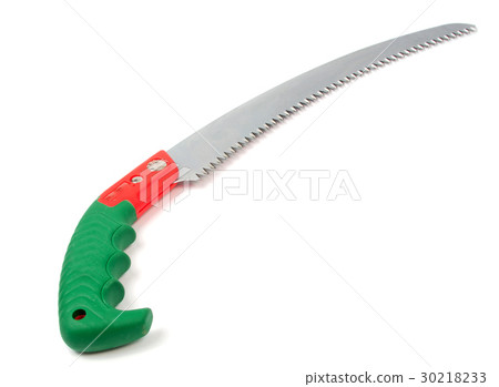 Hand saw with a green handle isolated on a white 30218233