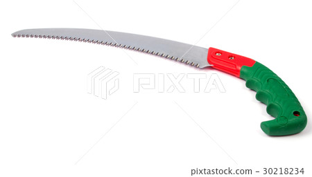 Hand saw with a green handle isolated on a white  30218234