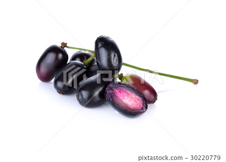 Jambolan plum or Java plum with stem on white 30220779