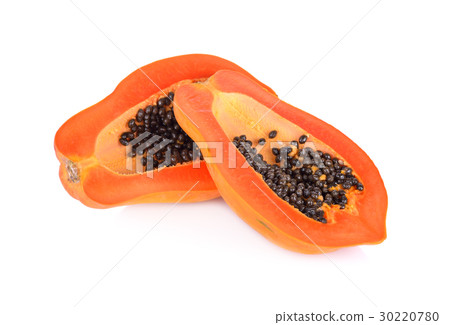 half cut ripe papaya with seed on white background 30220780