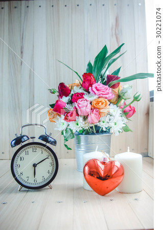 bouquet Roses, vintage clock, red heart and candle bouquet Roses, vintage clock, red heart and candle 30221074
