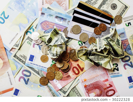 Cash on table isolated: dollars, euro, rubl broken Cash on table isolated: dollars, euro, rubl broken 30222328