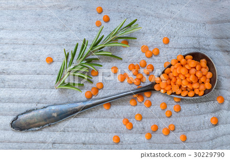 Red lentils and rosemary on a spoon macro Red lentils and rosemary on a spoon macro 30229790