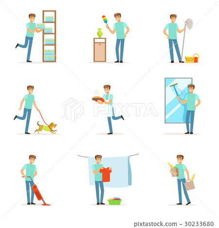 Smiling househusbands washing, cooking, cleaning 30233680