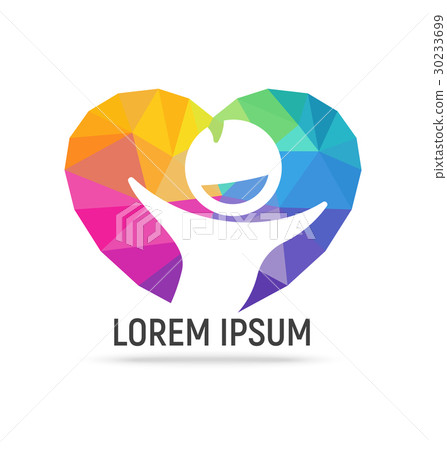 Polygonal happy kid in rainbow heart shape. Polygonal happy kid in rainbow heart shape. 30233699