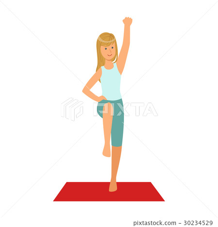 Happy blond girl doing fitness exercises on a red - Stock Illustration ...