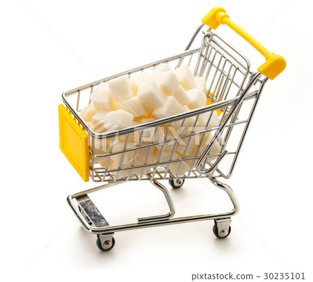 Supermarket pushcart with pile of white sugar 30235101