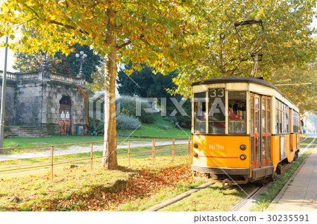 Tram in perspective from Milan. Autumn season. 30235591