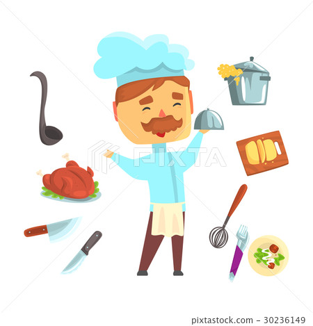 Smiling chef. Kitchen appliances and different Smiling chef. Kitchen appliances and different 30236149