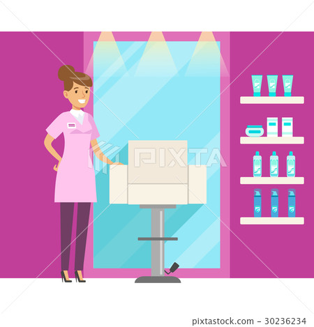 Barbershop interior in pink colors. Colorful Barbershop interior in pink colors. Colorful 30236234
