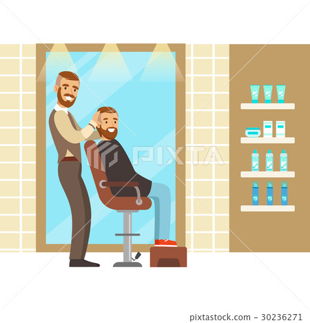 Male hairdresser serving client. Colorful cartoon 30236271