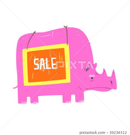 Cute cartoon pink rhinoceros with Sale sign board 30236312