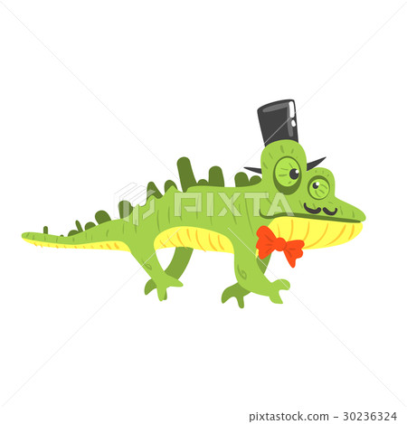 Cite cartoon chameleon wearing black top hat 30236324