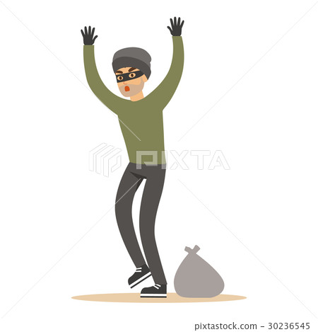 Robber Man In Black Mask Holding Hands Up - Stock Illustration ...