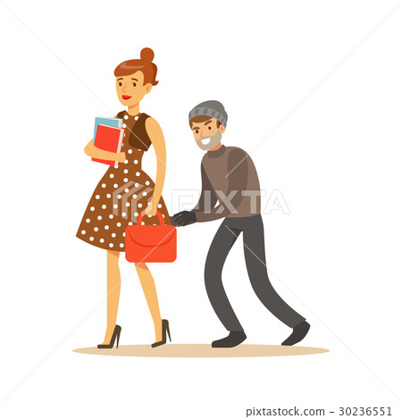 Pickpocket trying to steal bag from girl. Colorful Pickpocket trying to steal bag from girl. Colorful 30236551