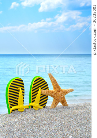 Colorful flip flops and starfish on the beach. 30238003