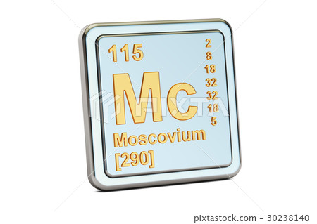 Moscovium Mc, chemical element sign. 3D rendering 30238140