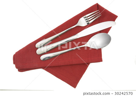fork and knife on red napkin isolated fork and knife on red napkin isolated 30242570