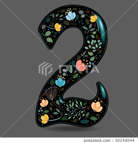 插图素材: black glared number two with watercolor flowers