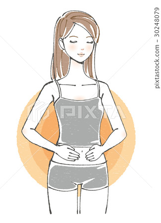 把她的手放的婦女在她的胃上 30248079